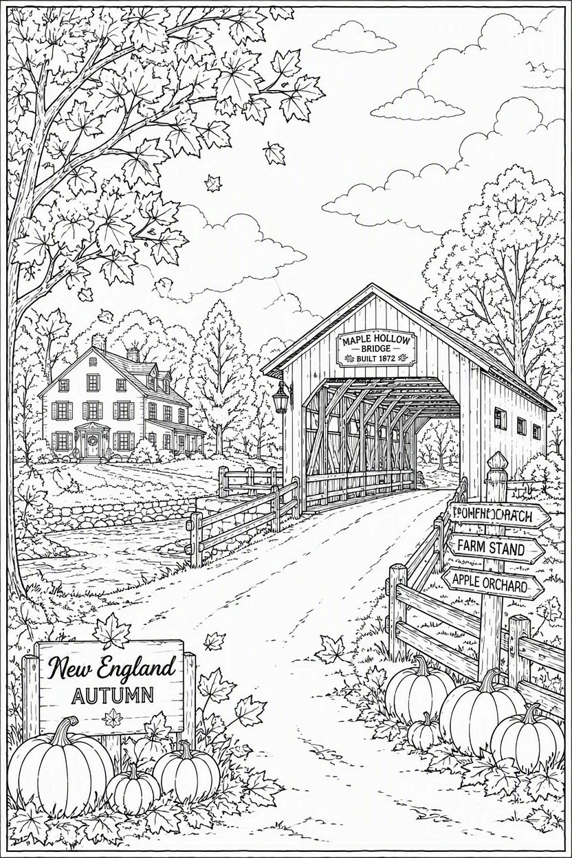 New England Autumn Covered Bridge Road Coloring Page