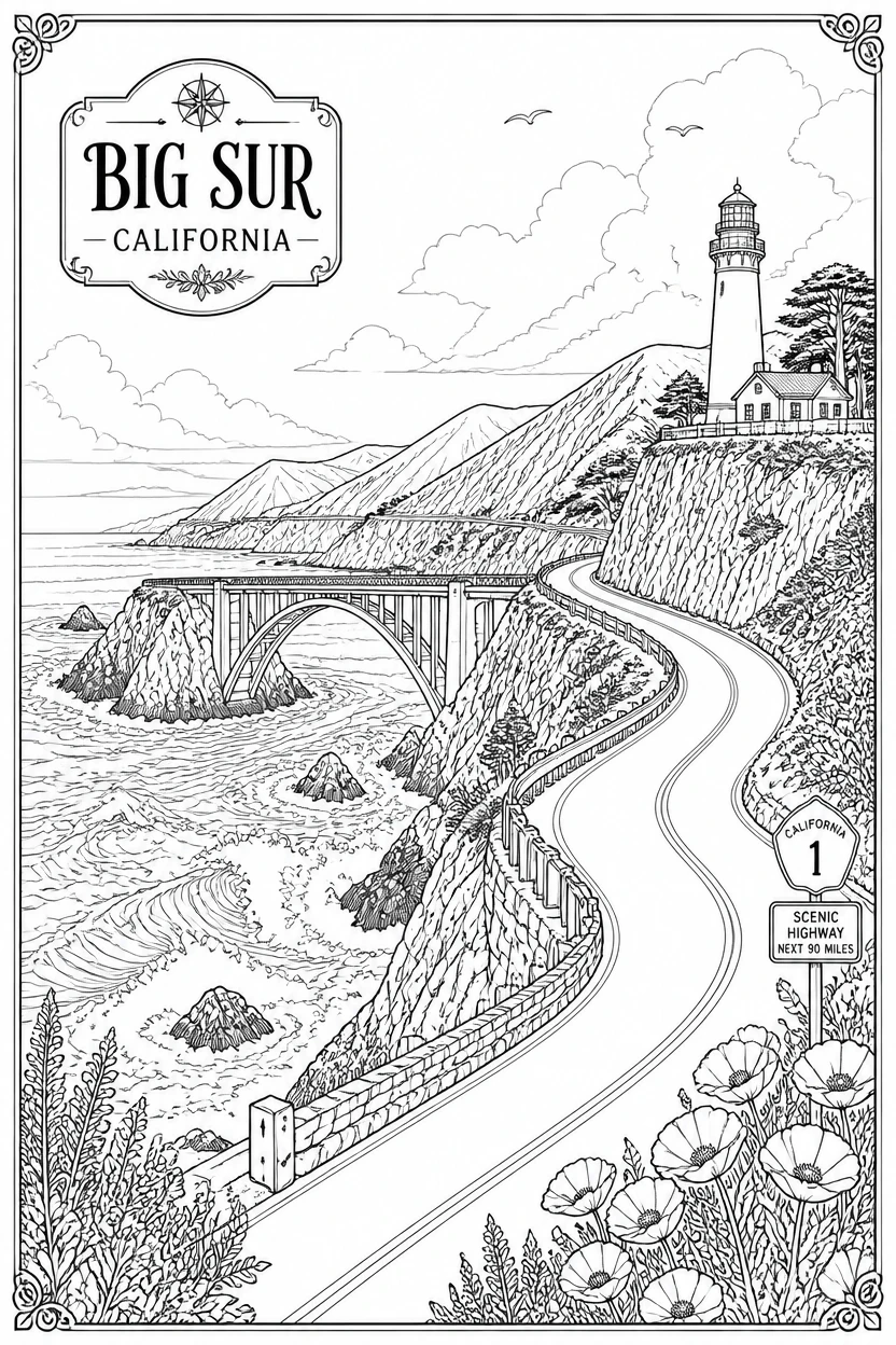 Big Sur California Highway Road Coloring Page