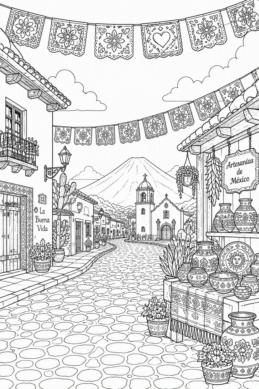Colonial Mexico Village Street Coloring Page