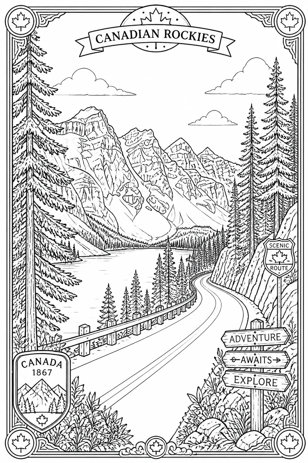 Canadian Rockies Alpine Lake Highway Coloring Page