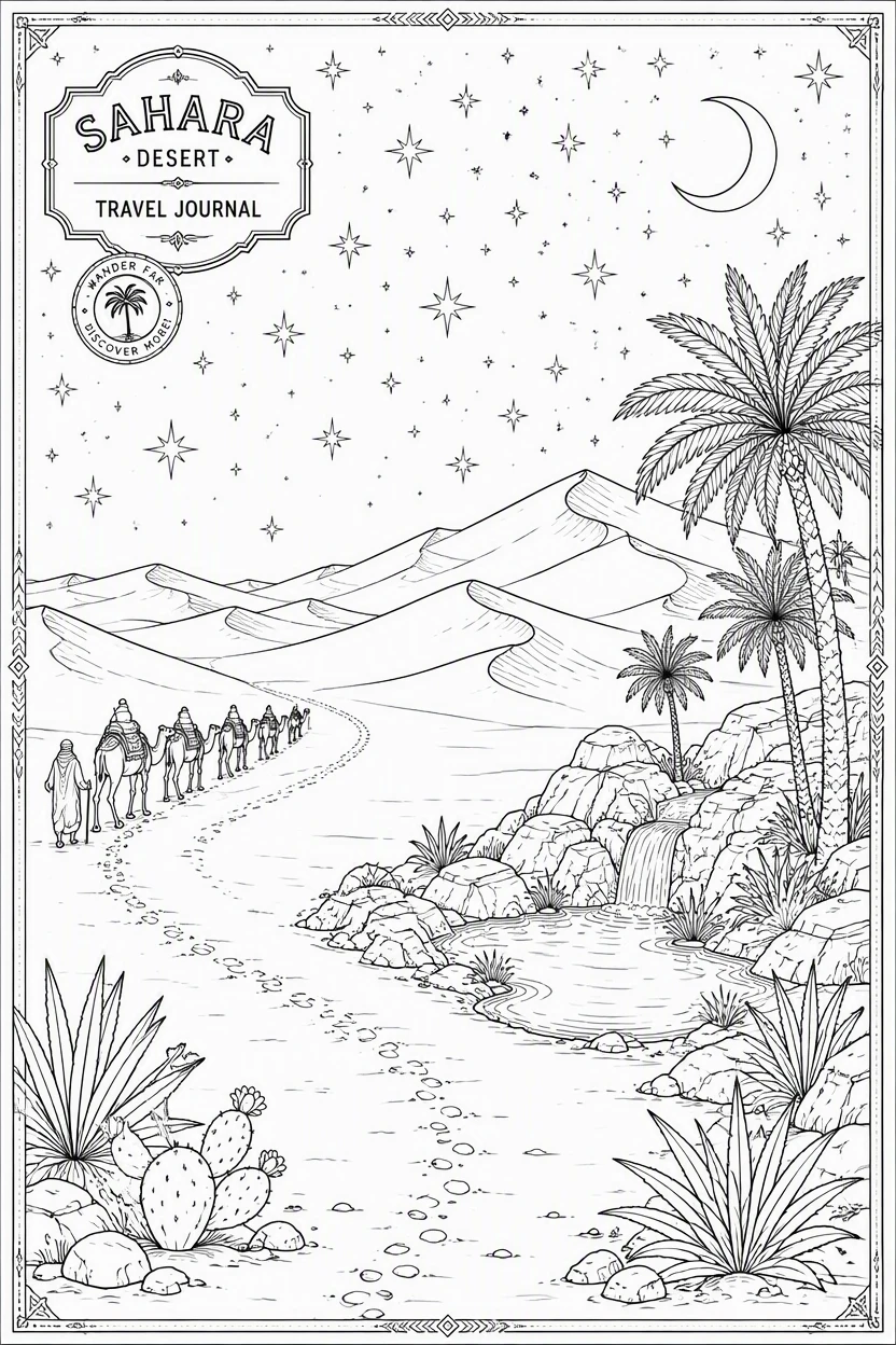 Sahara Desert Oasis & Night Sky Road Coloring Page