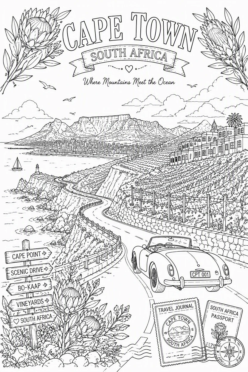 Cape Town South Africa Coastal Drive Coloring Page
