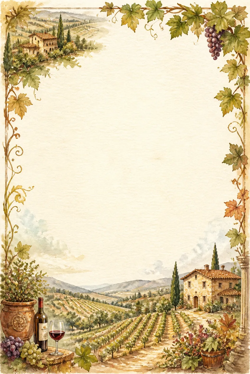 Tuscan stone villa and vineyard rows framing a warm parchment world vineyards page border sheet.