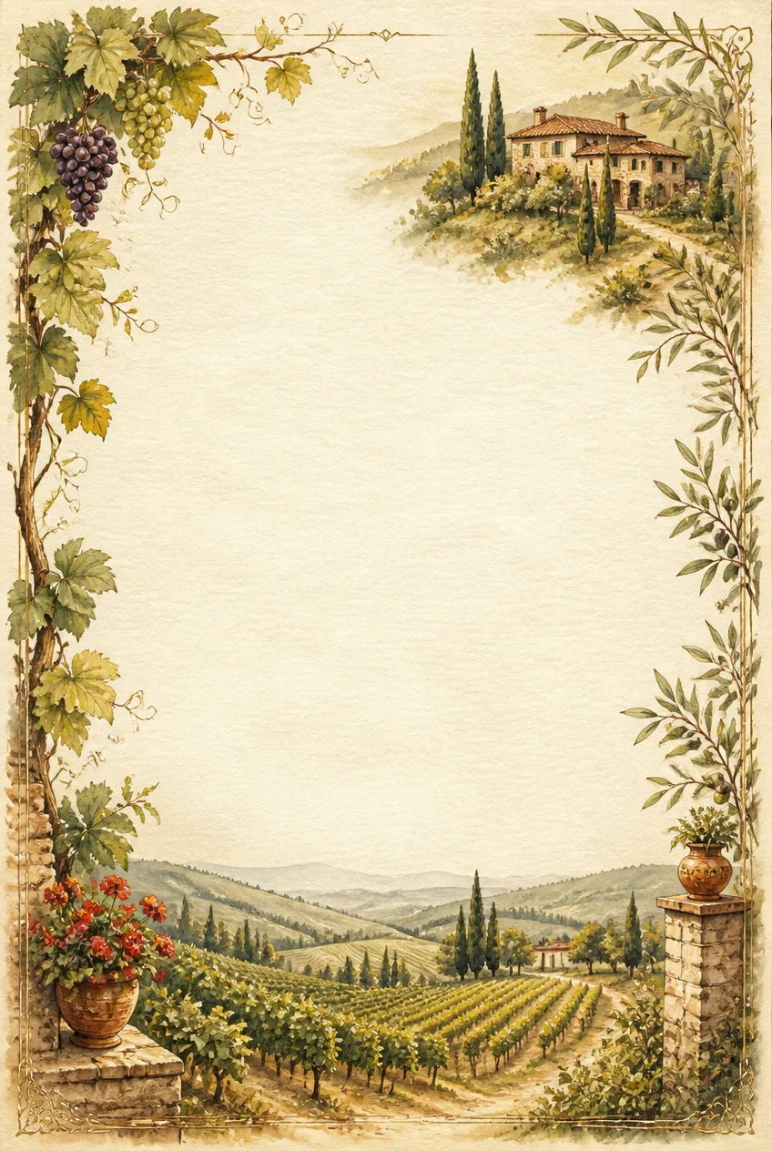 Sun-drenched vineyard hills and cypress trees defining a decorative wine country writing paper border.