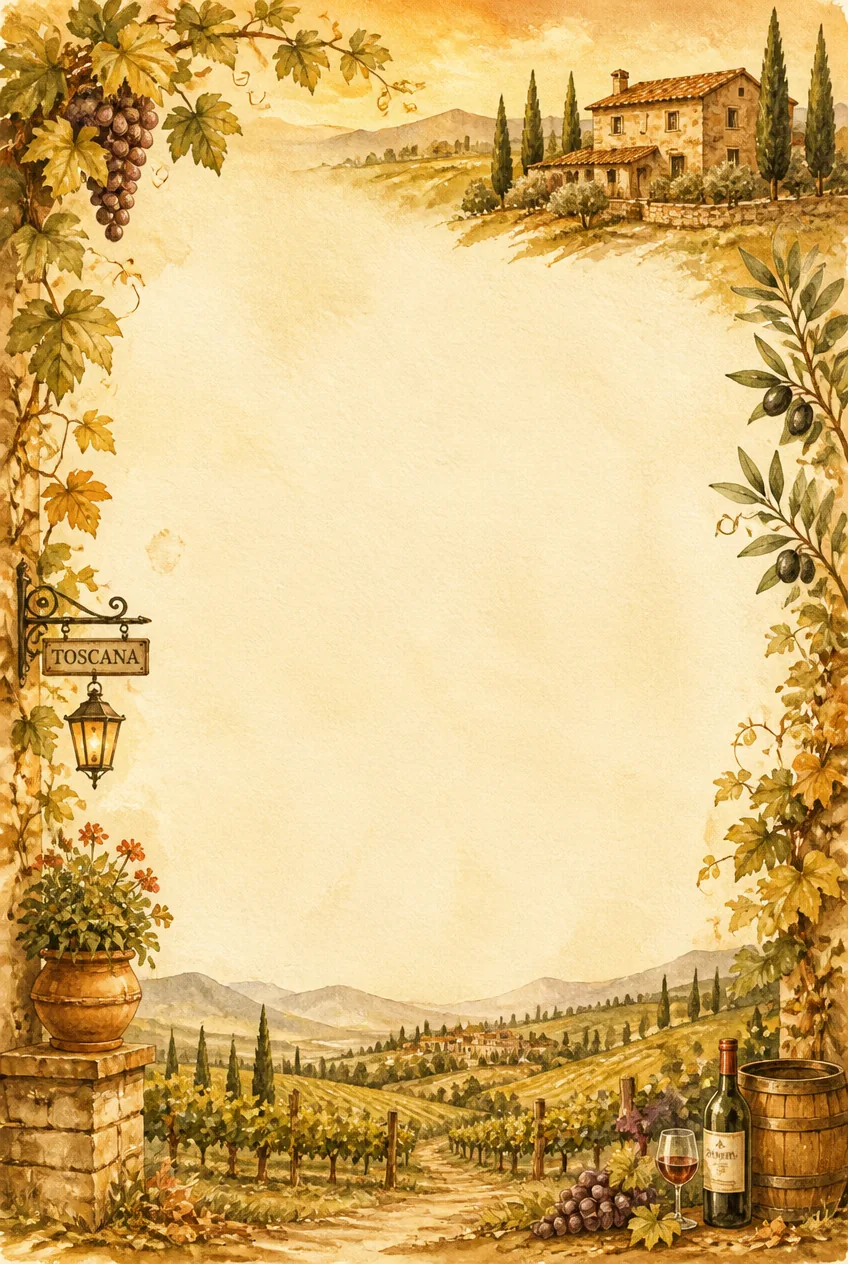 Ripe purple grape clusters and golden vineyard slopes bordering vintage washed stationery paper.