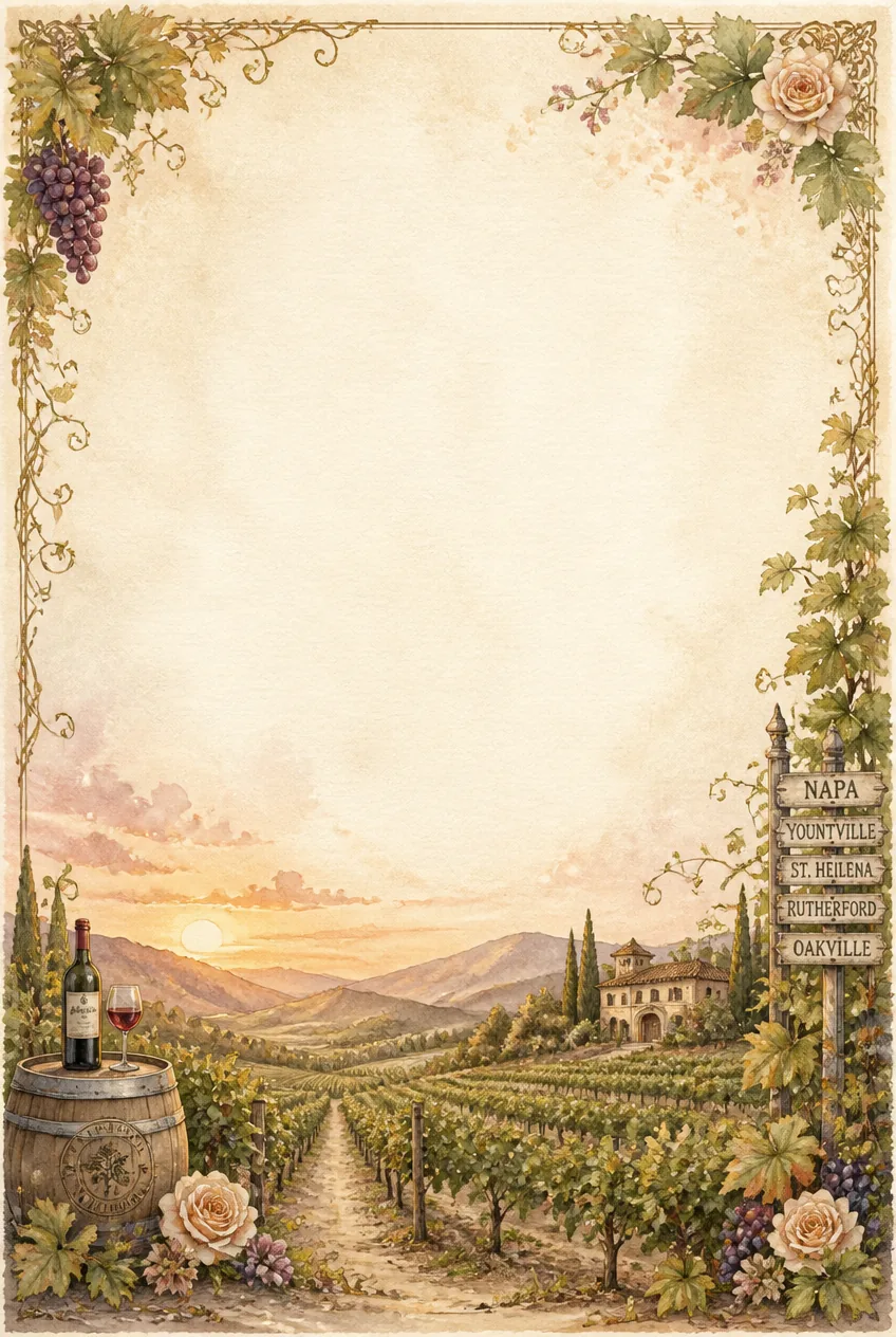 French chateau architecture and wooden wine casks along the edge of a washed paper border.