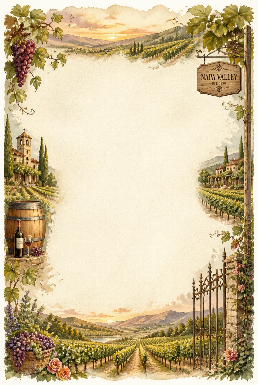 Misty mountain backdrop and green vineyard rows surrounding a blank printable writing sheet.
