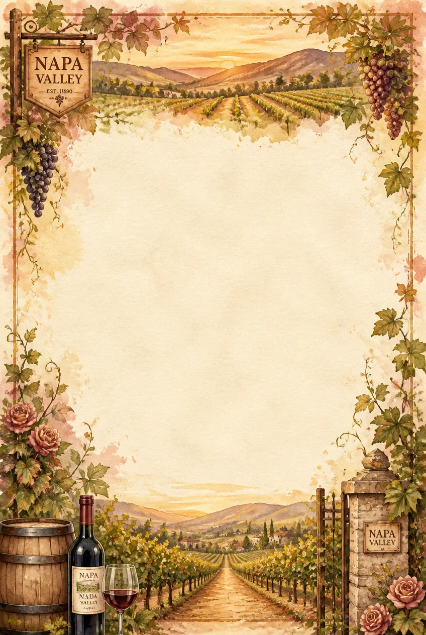 Burgundy autumn grape leaves and dark fruit clusters forming a decorative border on cream paper.
