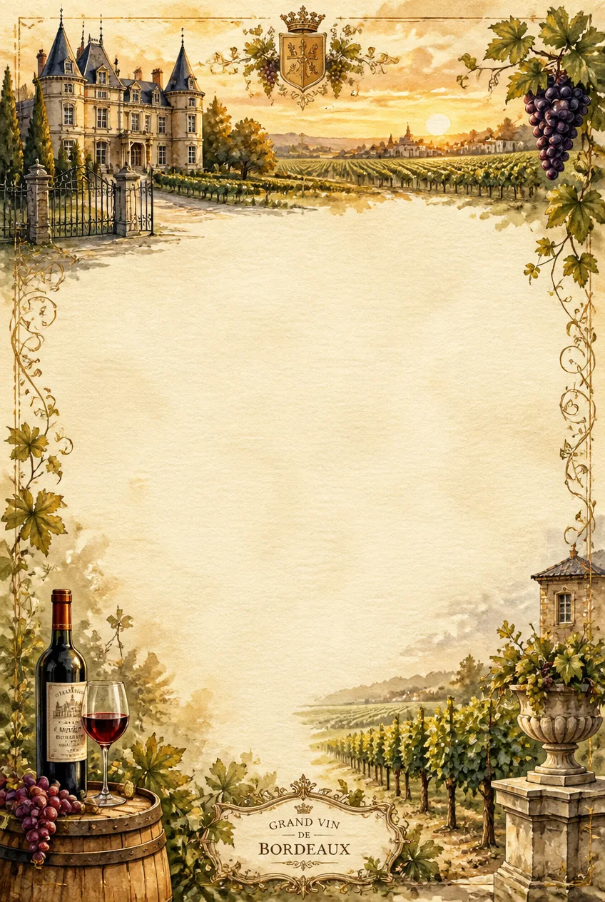 Rustic stone archways and oak wine barrels accenting a vintage washed stationery page border.