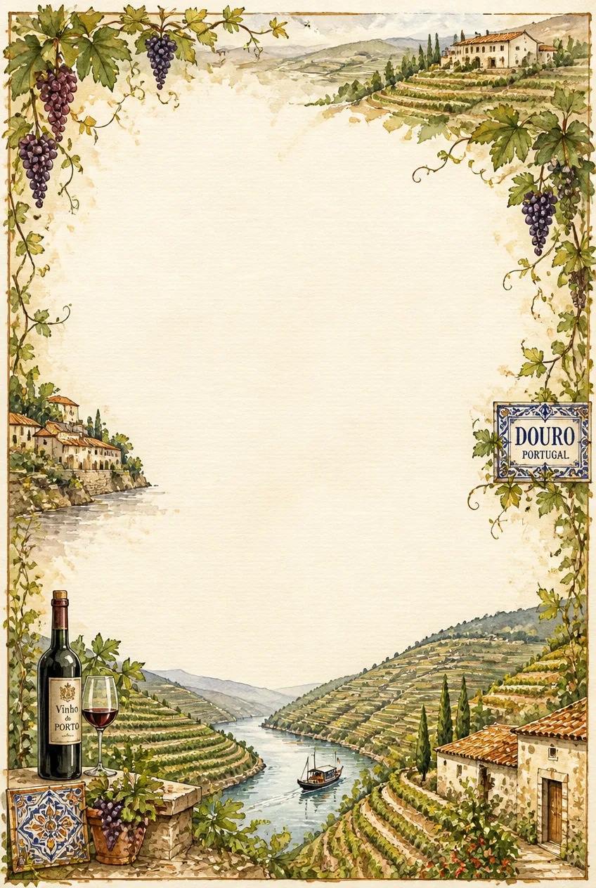 Endless green vineyard lines and rustic wooden fencing encircling a clear writing paper center.