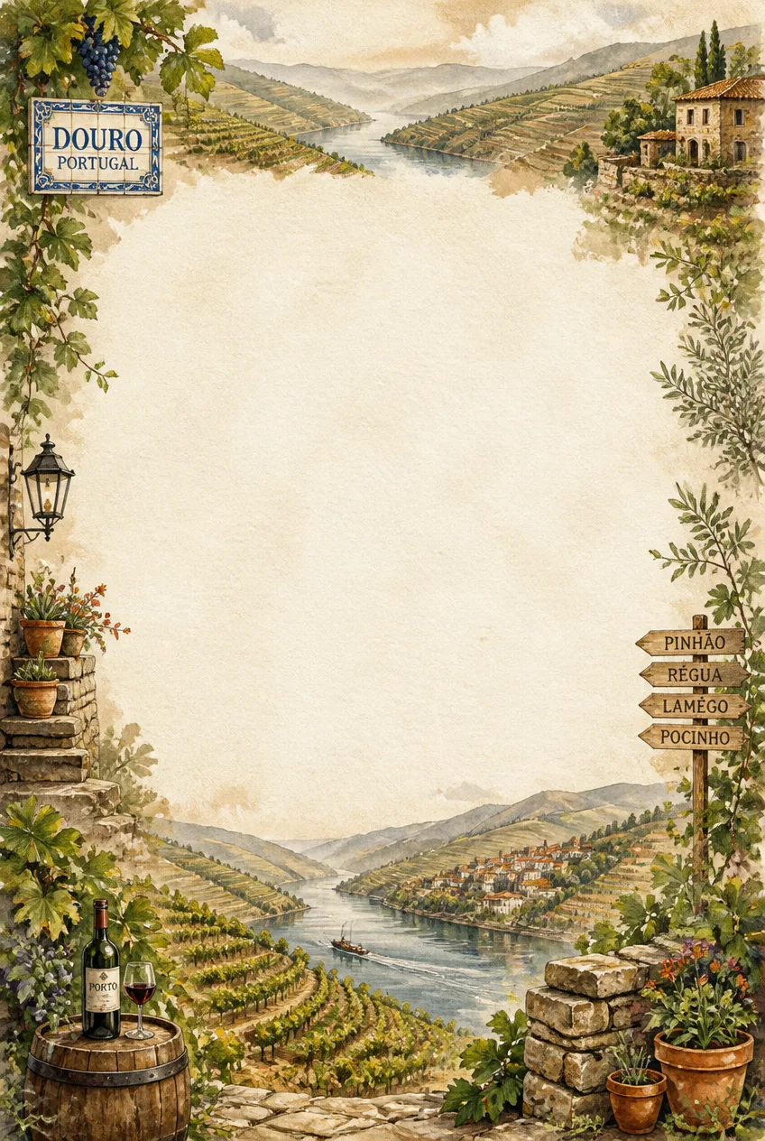 Terracotta roof cottages and seaside vine terraces decorating a washed parchment page frame.