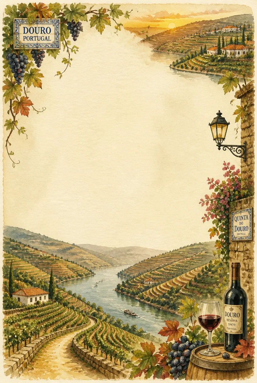Stone terrace balcony view overlooking vineyard valleys on a decorative washed page border.