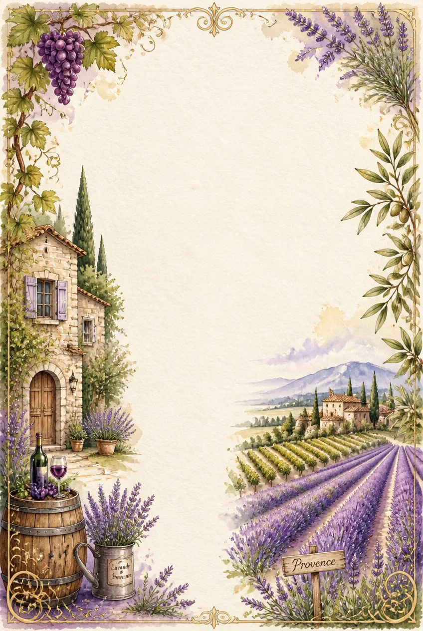 Soft pink sunrise sky over quiet vineyard rows framing a subtle watercolor stationery page.
