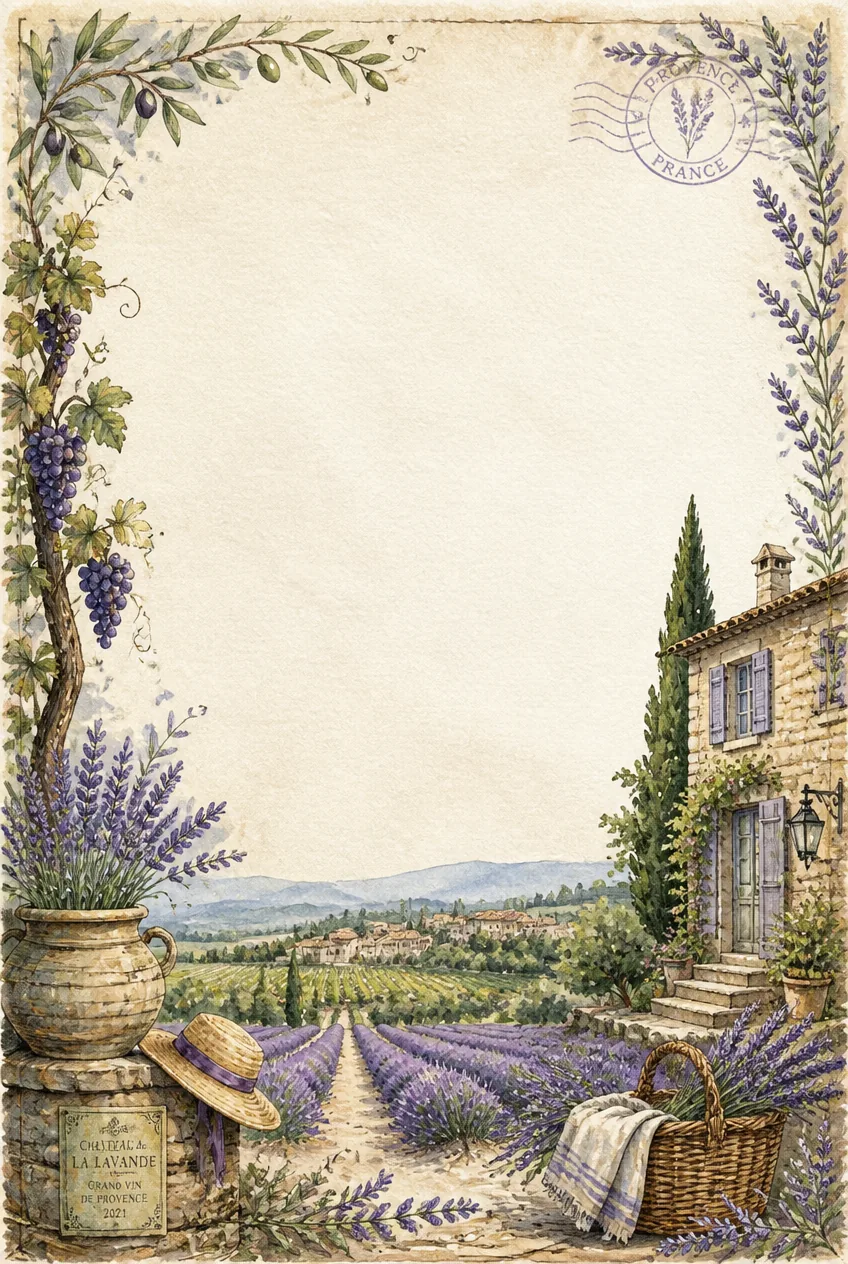 Stone pillars wrapped in trailing grapevines overlooking green fields on a stationery border.