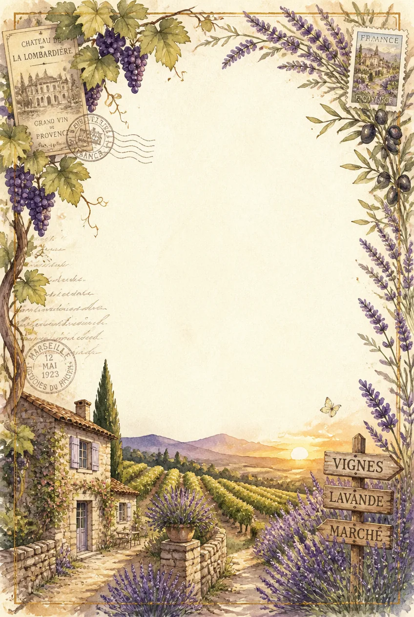 Purple lavender sprays paired with green grapevines surrounding an antique paper background.