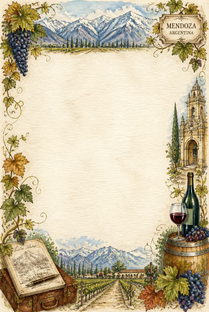 Terracotta clay amphorae and dense grape clusters accenting an earthy parchment page frame.