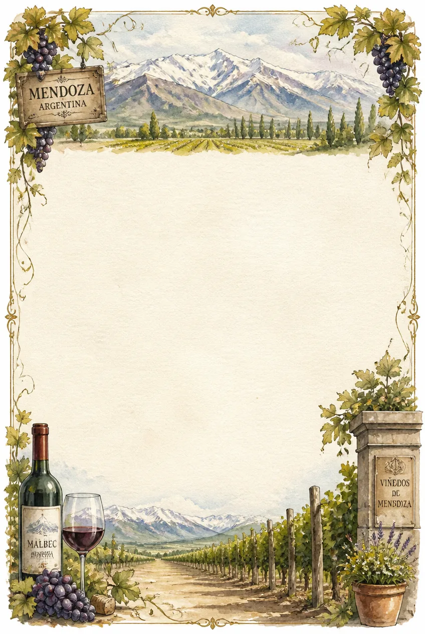 Cypress tree avenue and winding vineyard paths encircling a bright watercolor note paper.