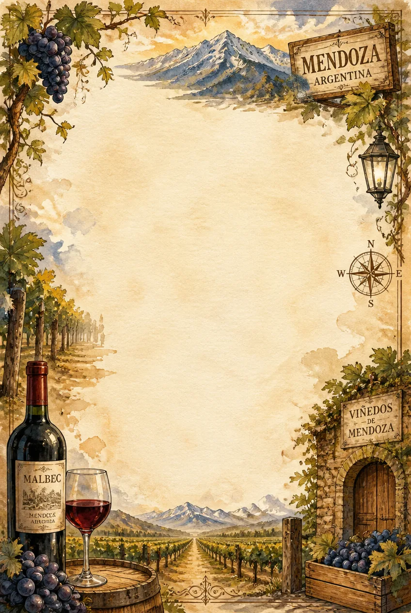 Rich sunset sky over vineyard estates with dark red wine bottle motifs on stationery.