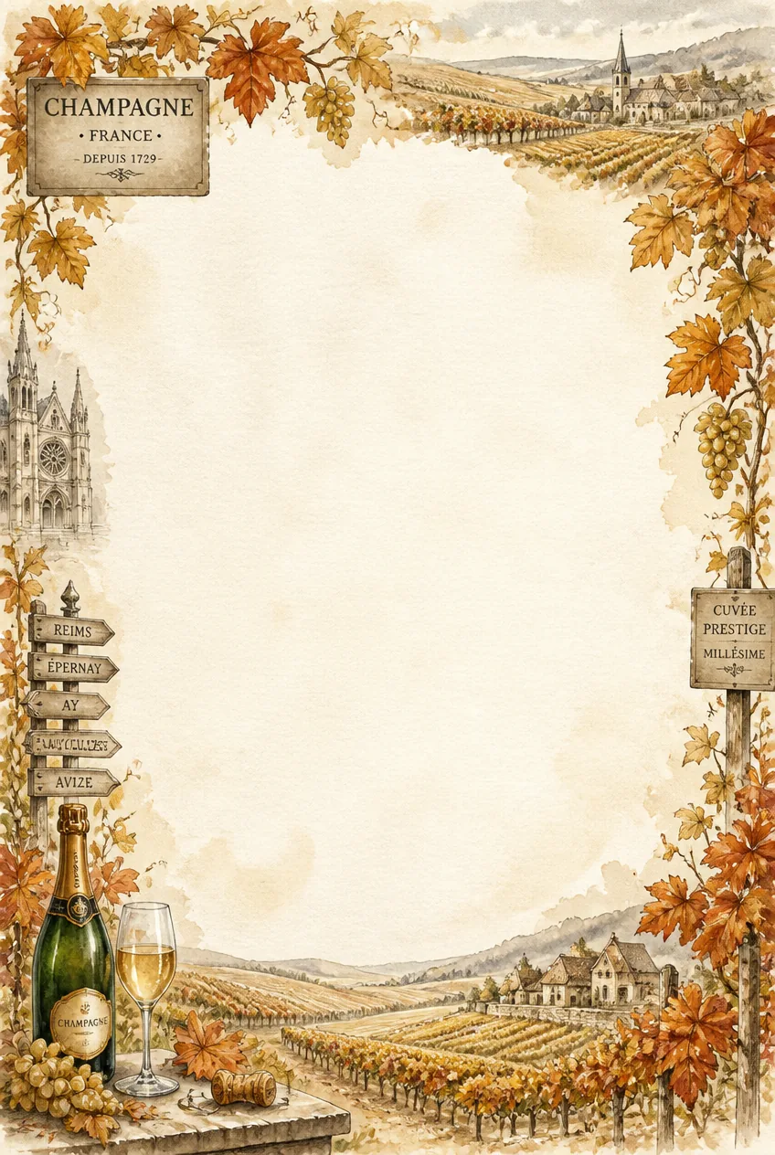 Warm amber washed paper with glowing sunbeams and hillside grapevine watercolor illustrations.