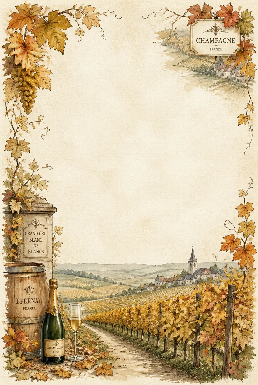 Detailed watercolor grape bunches and oak wine casks framing an open writing space.