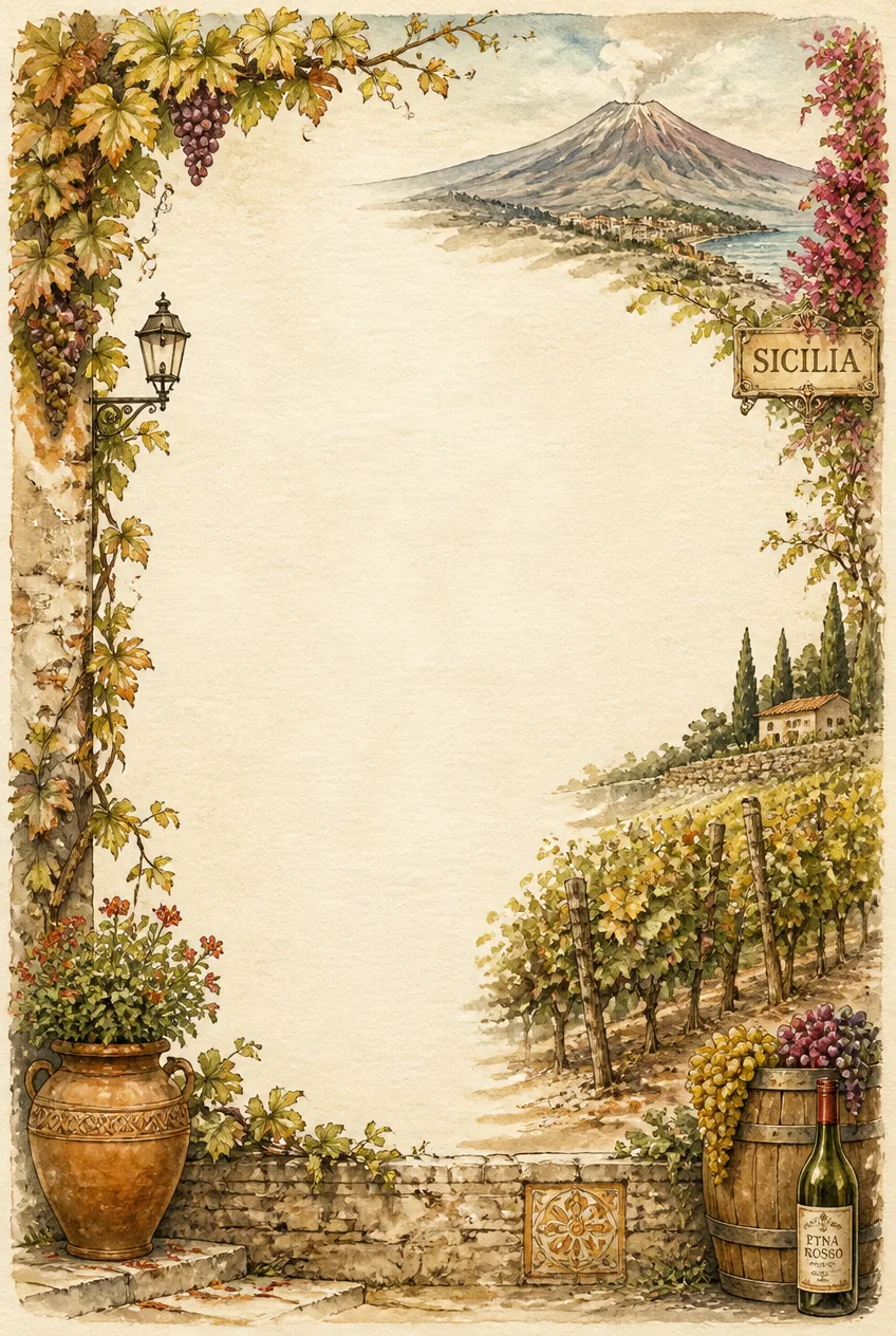 Rustic stone estate house and neat vineyard furrows along a washed cream paper edge.