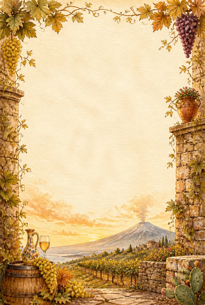 Golden yellow grape leaves and dark fruit clusters bordering warm antique paper.