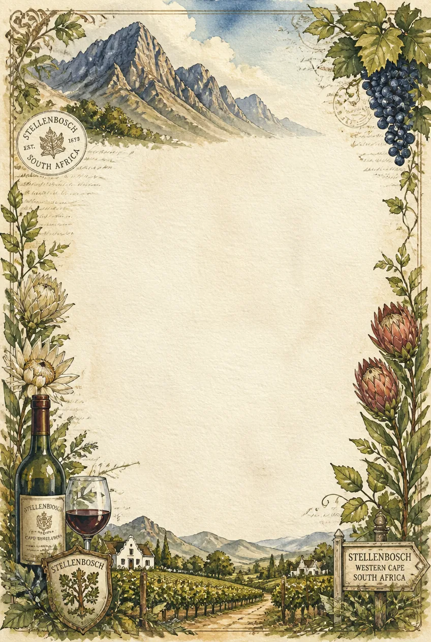 Muted olive green vines and distant mountain vistas on an earthy parchment border.