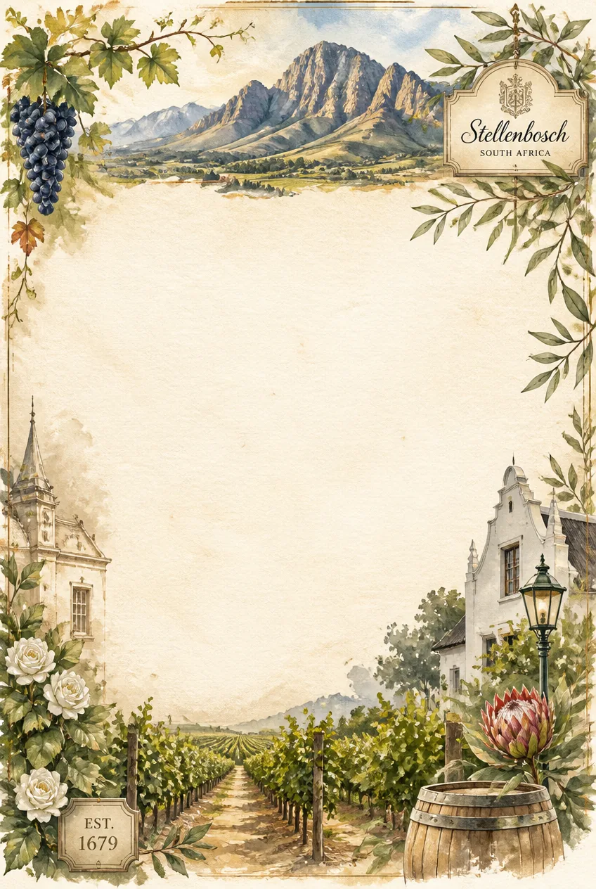 Vintage wine label aesthetic with detailed grapevine sketches on a cream page frame.