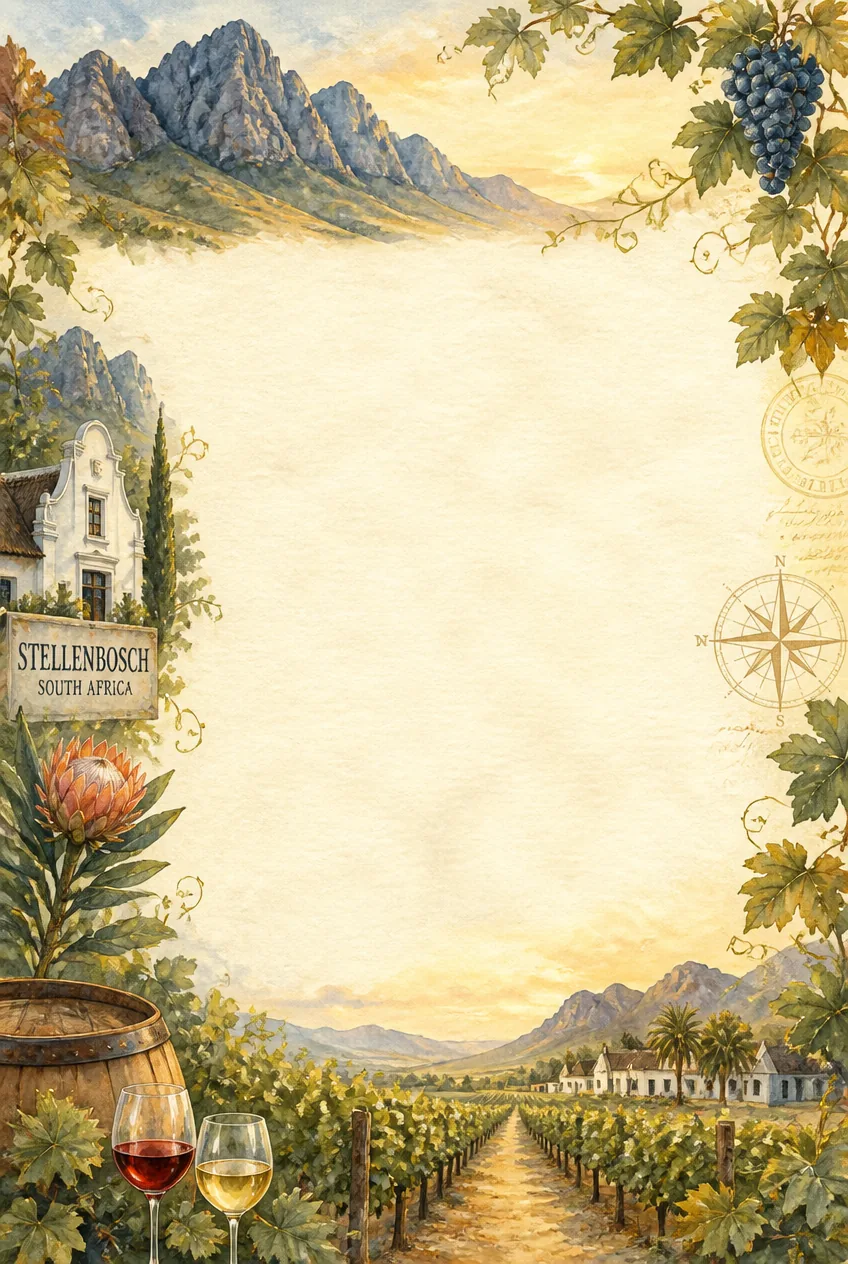 Wide vineyard valleys under soft blue skies framing a blank watercolor paper center.