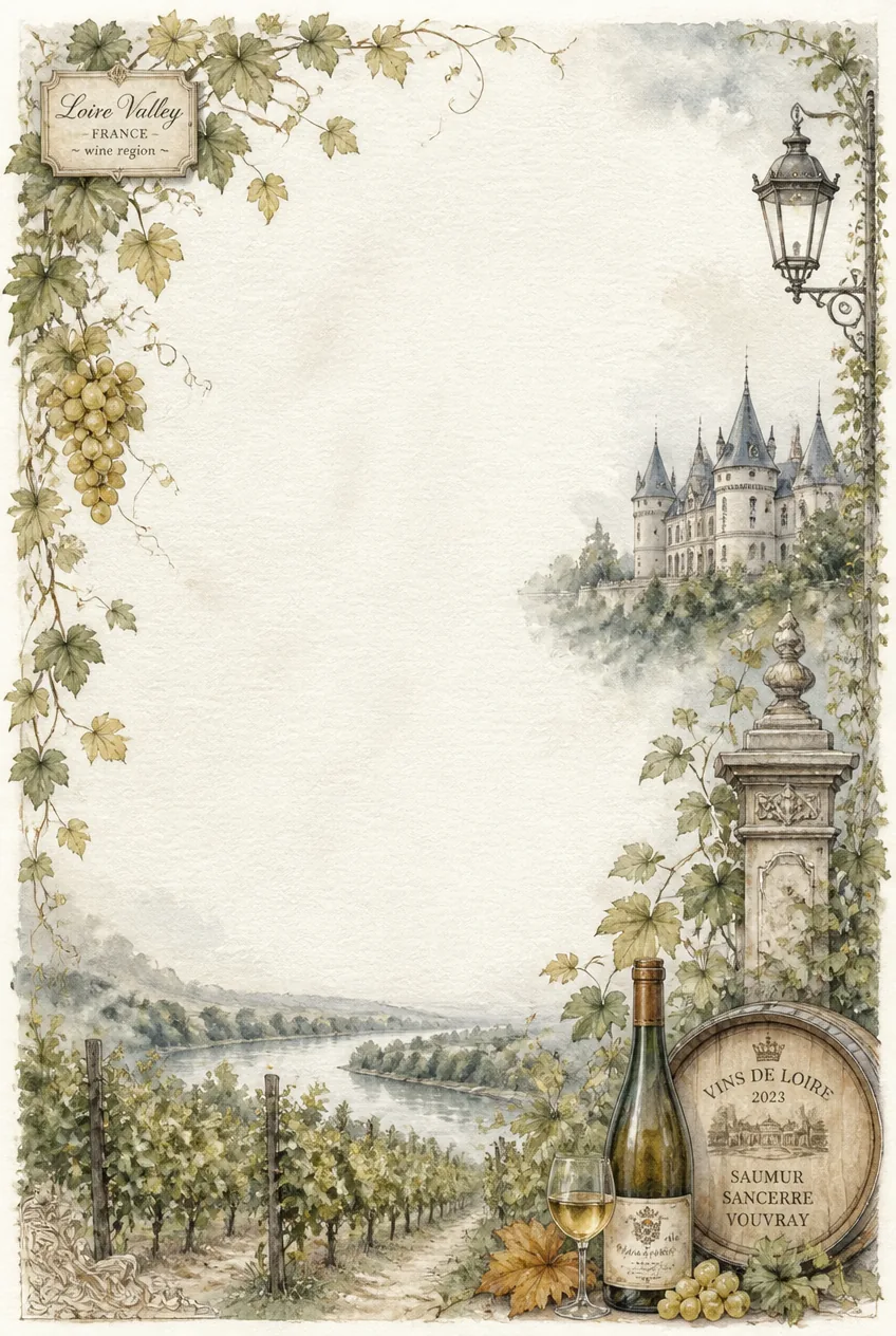 Pink sunset clouds over vineyard hills decorating a romantic paper border.