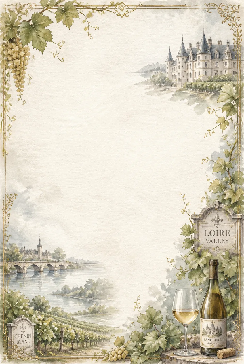 Manicured chateau gardens and grapevine trellises surrounding an elegant writing space.