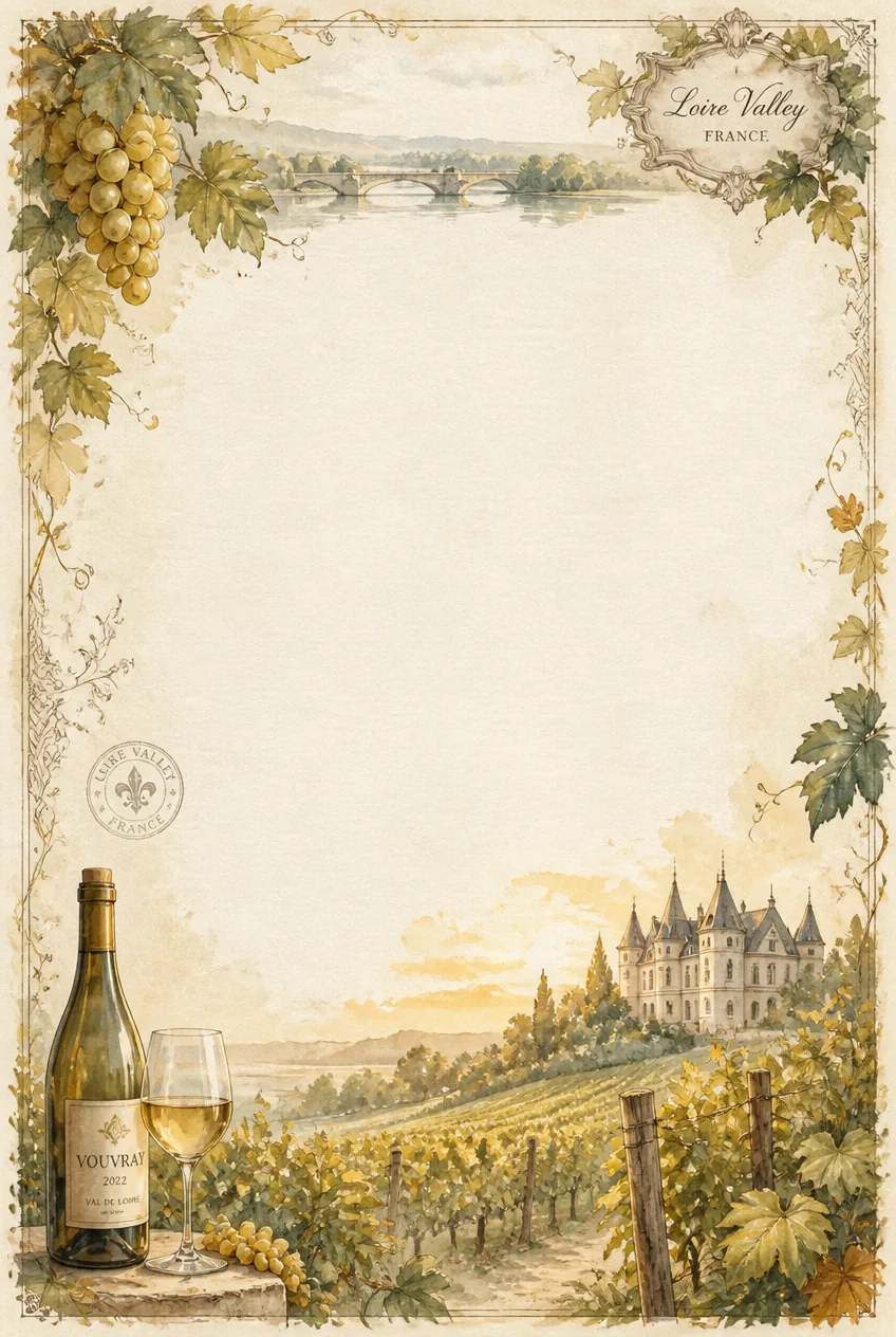 Abundant grape bunches and wine barrels surrounding a wide washed parchment writing area.