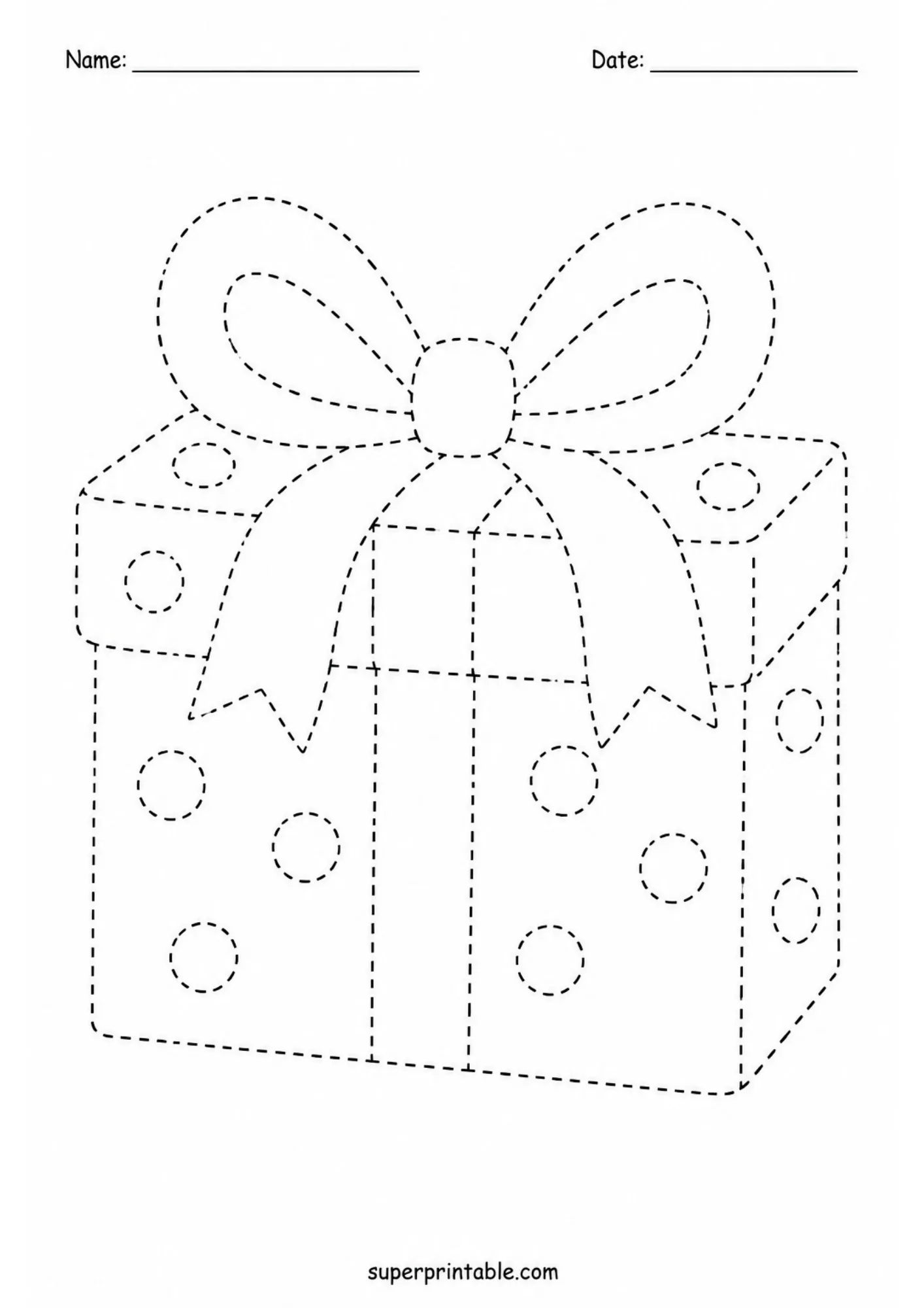 Line tracing worksheet illustrating a polka dot wrapped gift box topped with a decorative bow ribbon.