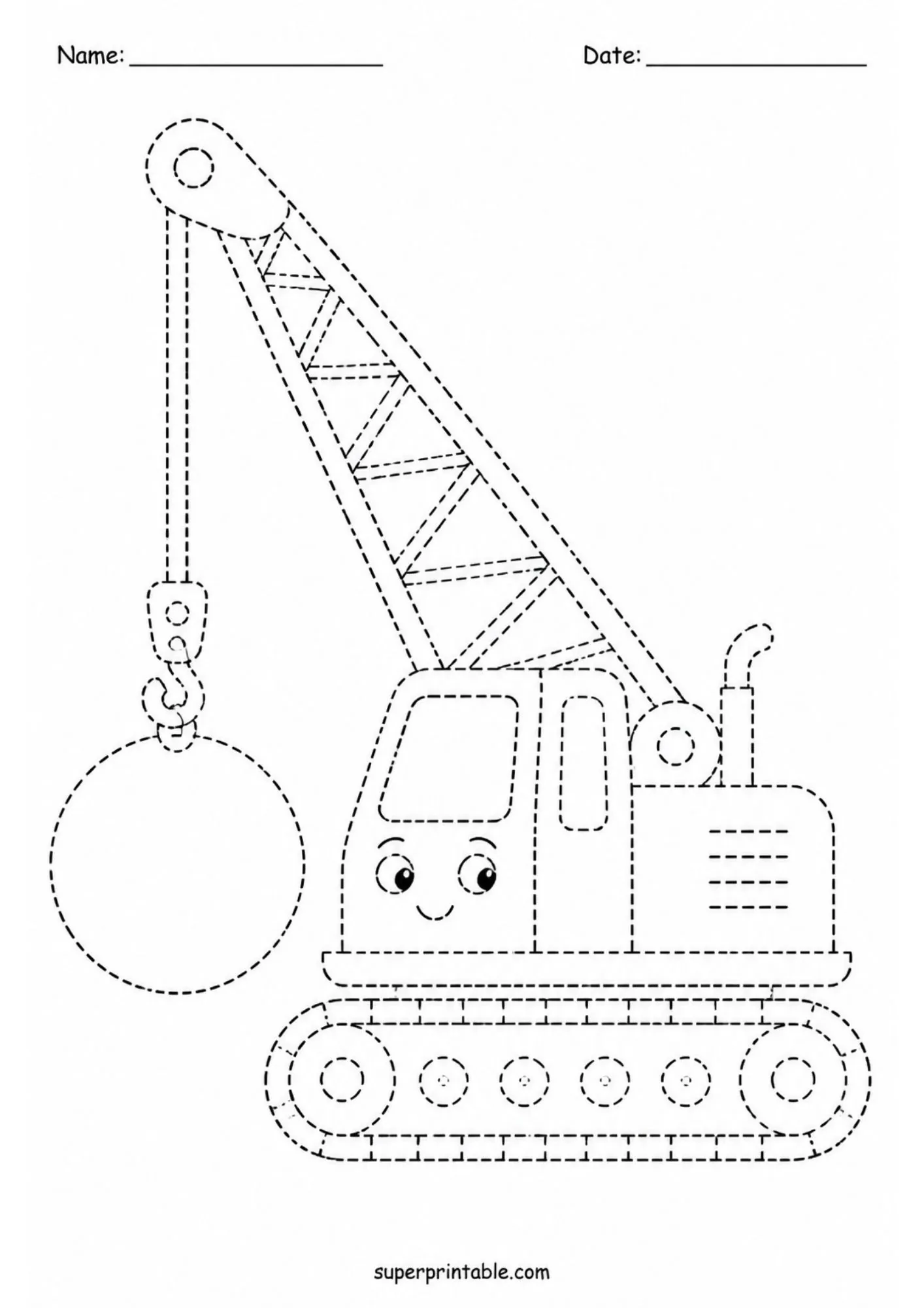 Cartoon wrecking ball crane crawler line tracing activity worksheet for preschoolers.