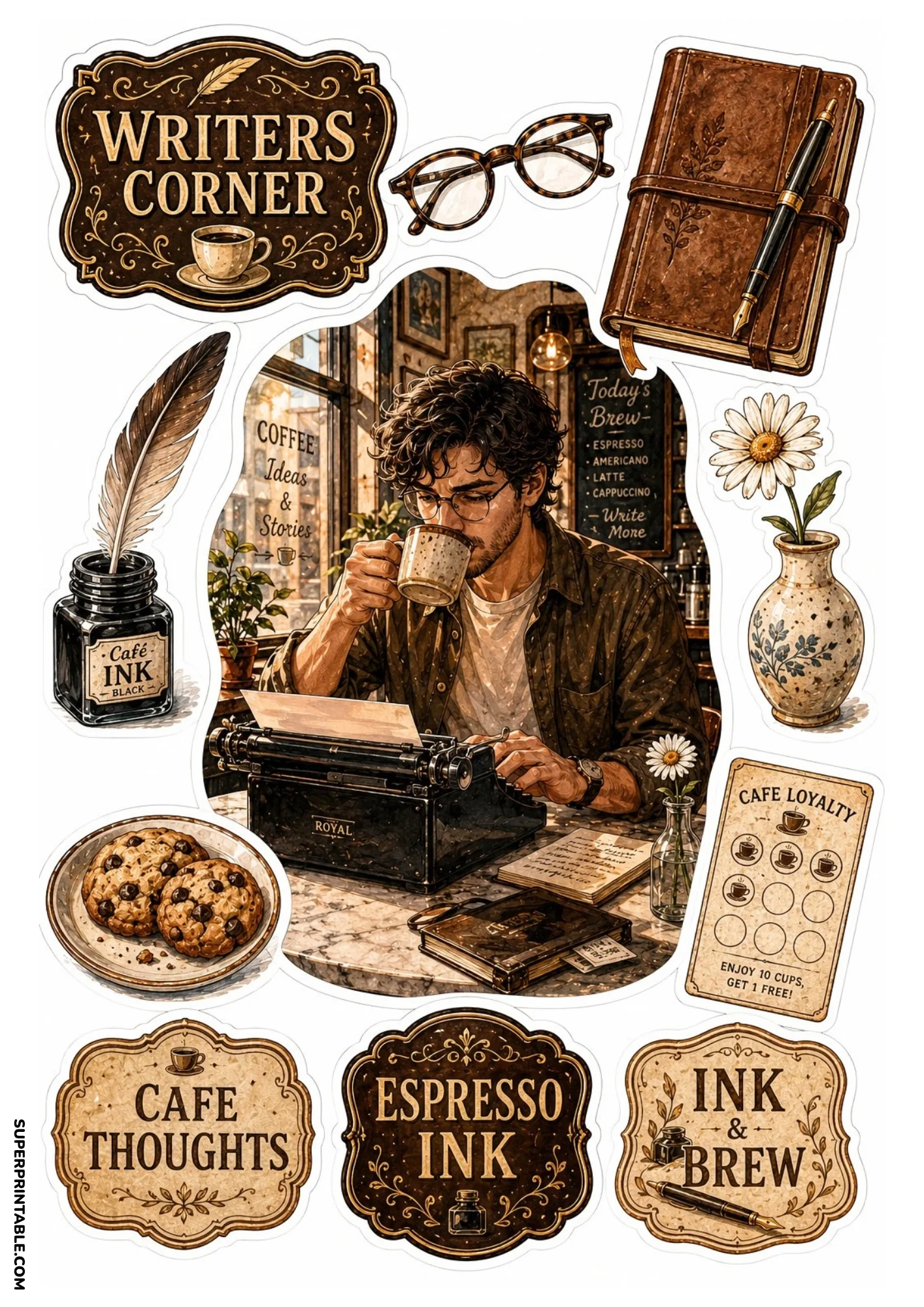 Vintage writers corner stickers featuring a black typewriter, ink bottle with feather quill, and coffee.