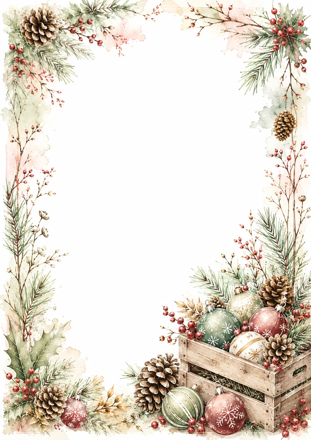 Holiday stationery border with colorful ornaments, pine branches, berries, and pinecones