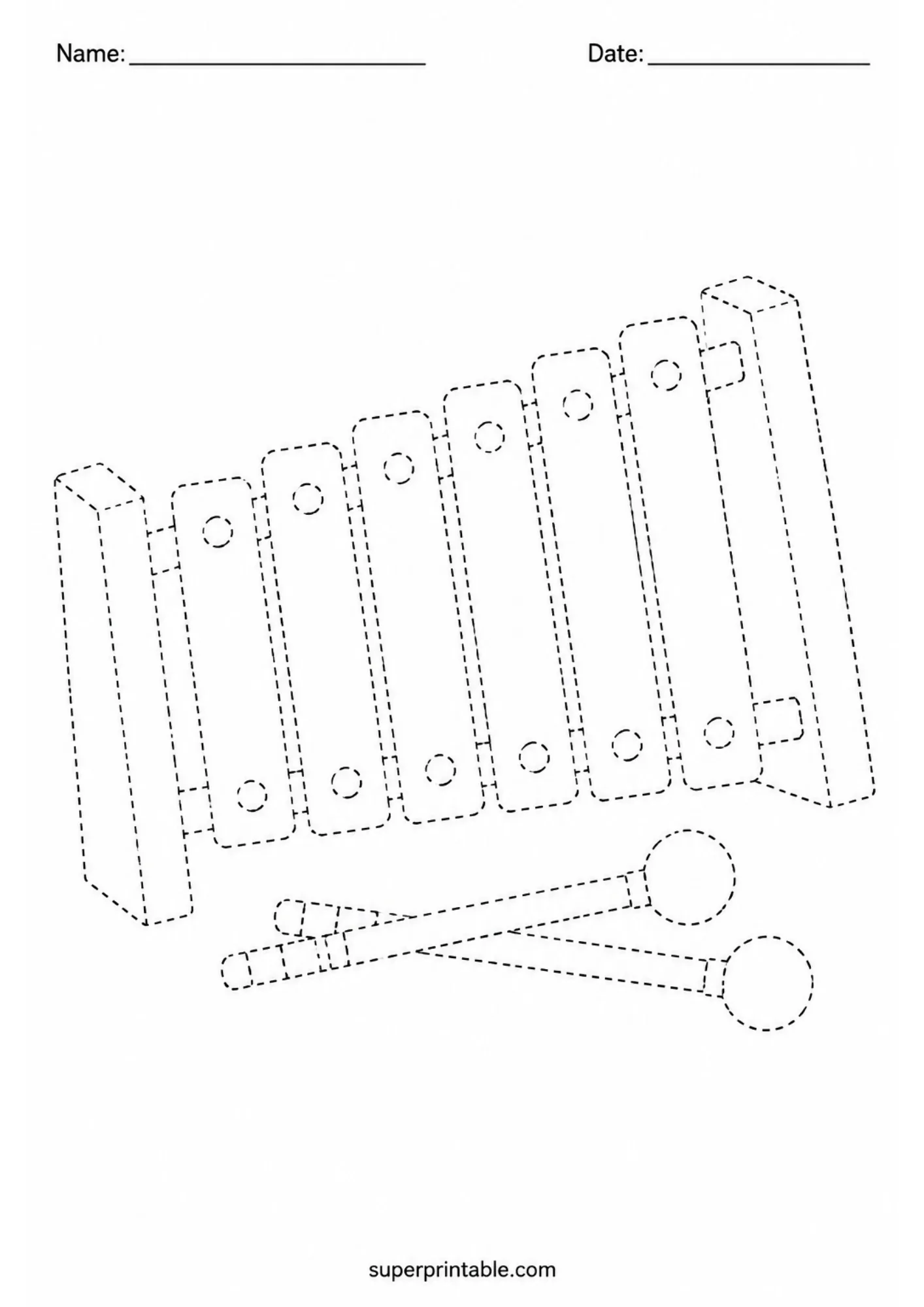Dashed line xylophone with two mallets ready for tracing.