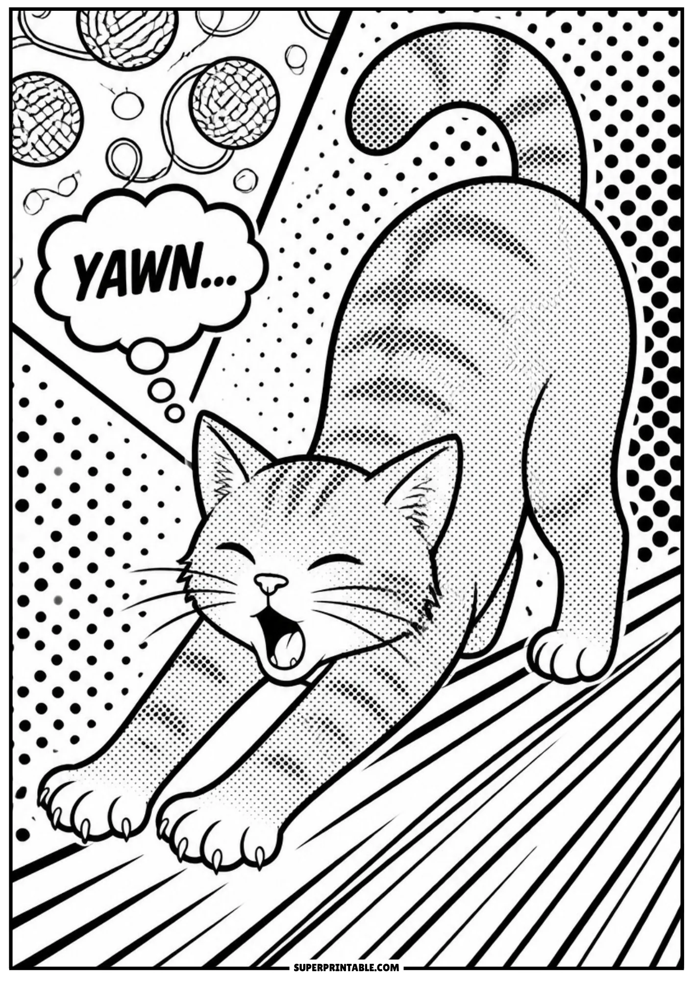 Striped tabby cat yawning and stretching out paws next to a YAWN speech bubble and yarn balls.