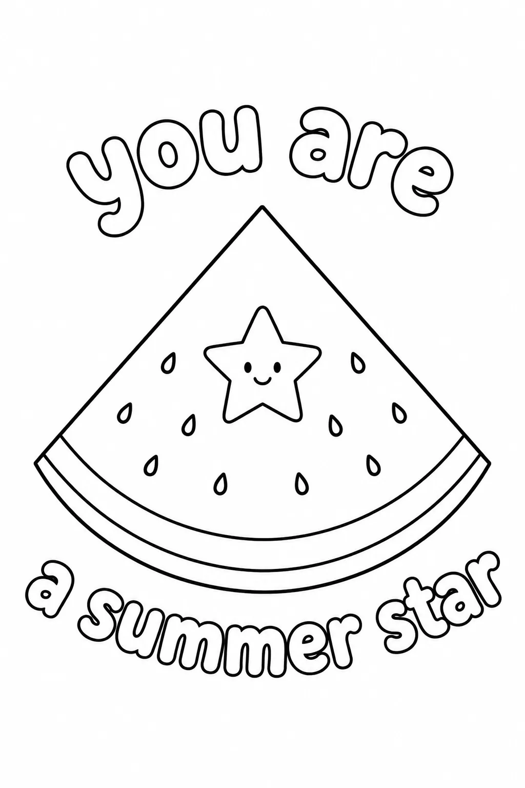 Watermelon coloring sheet featuring a smiling star character in the middle.
