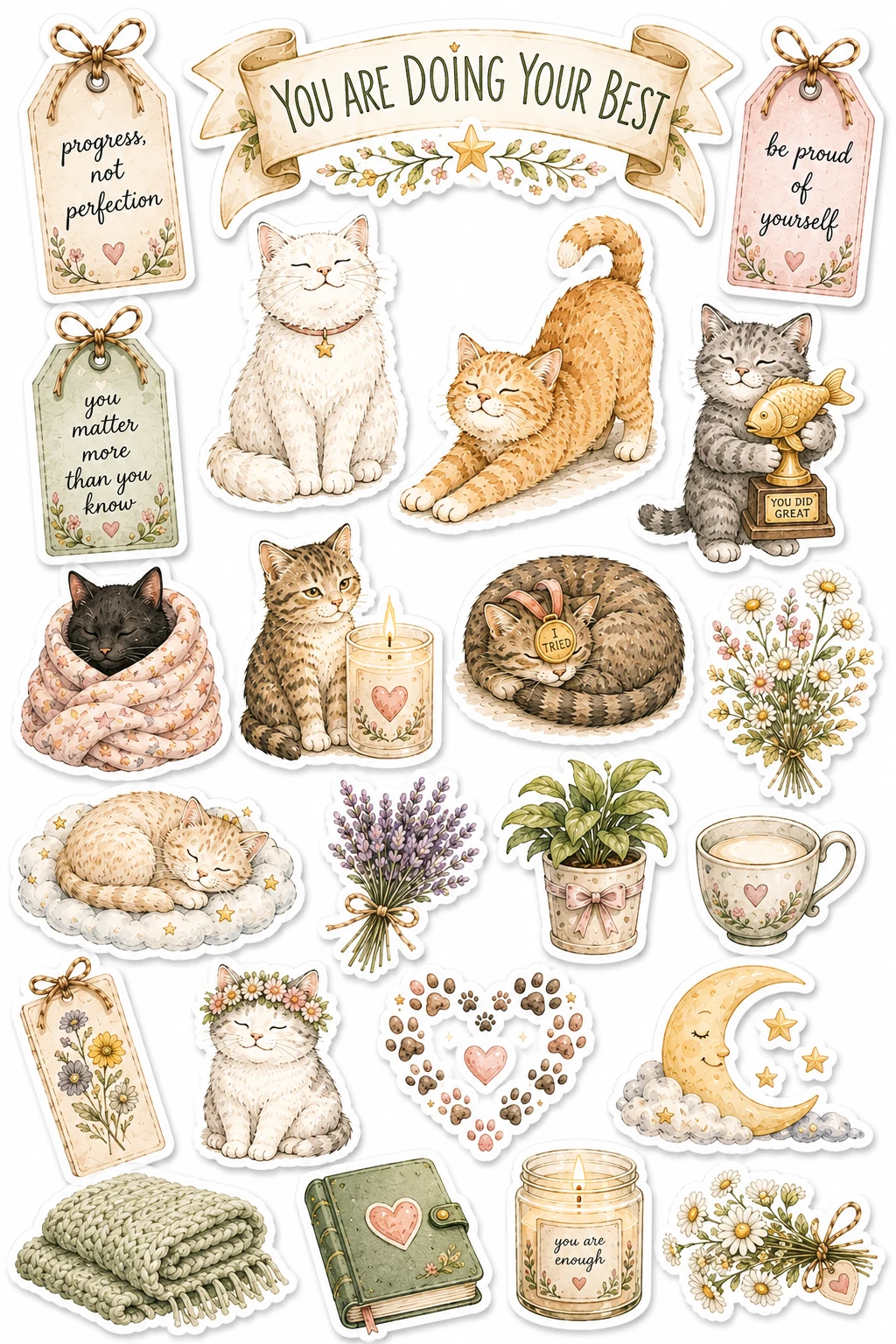 You Are Doing Your Best Candle Cat Sheet featuring cozy cats, mental health self-care, mindfulness, and gentle affirmations.