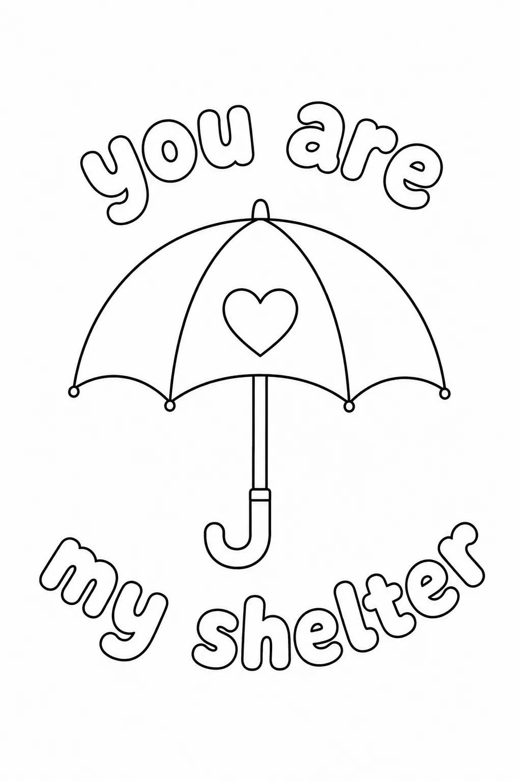 Free umbrella coloring pages featuring a heart and shelter text.