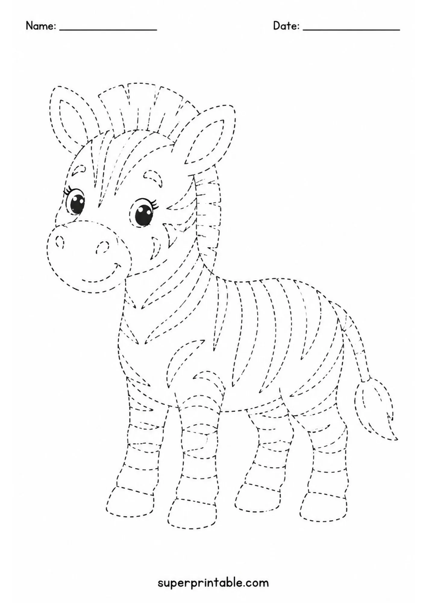 Free printable zebra outline with stripes using dashed lines.