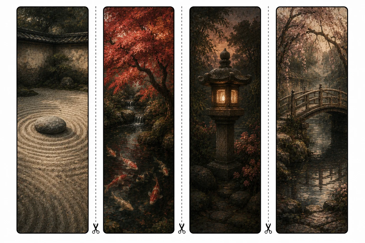 Four printable zen bookmarks with a raked sand garden and stone, koi under a red maple, a glowing stone lantern, and a wooden bridge over still water