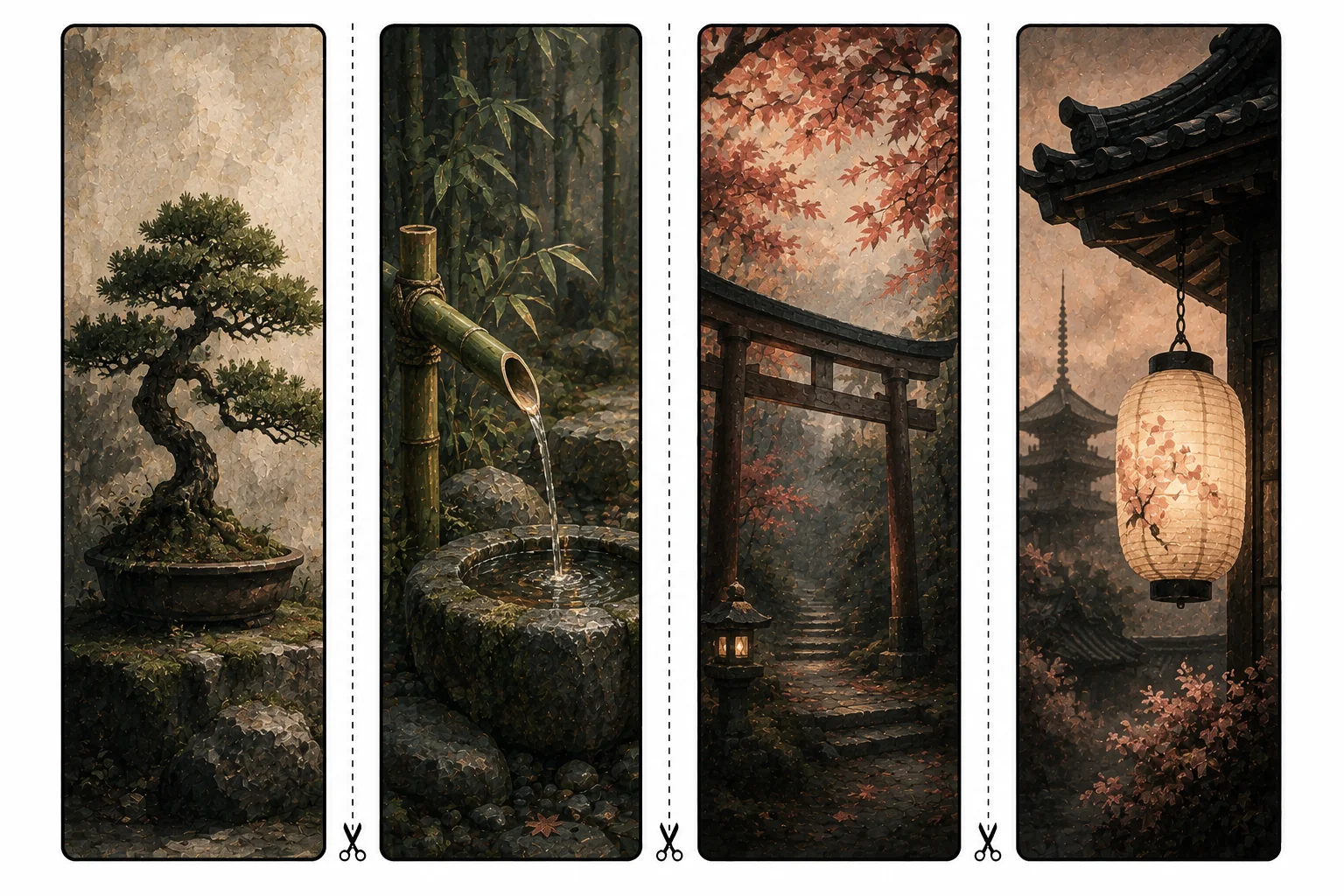 Four printable zen bookmarks with a bonsai on mossy rock, a bamboo water fountain, a torii among maple leaves, and a glowing paper lantern
