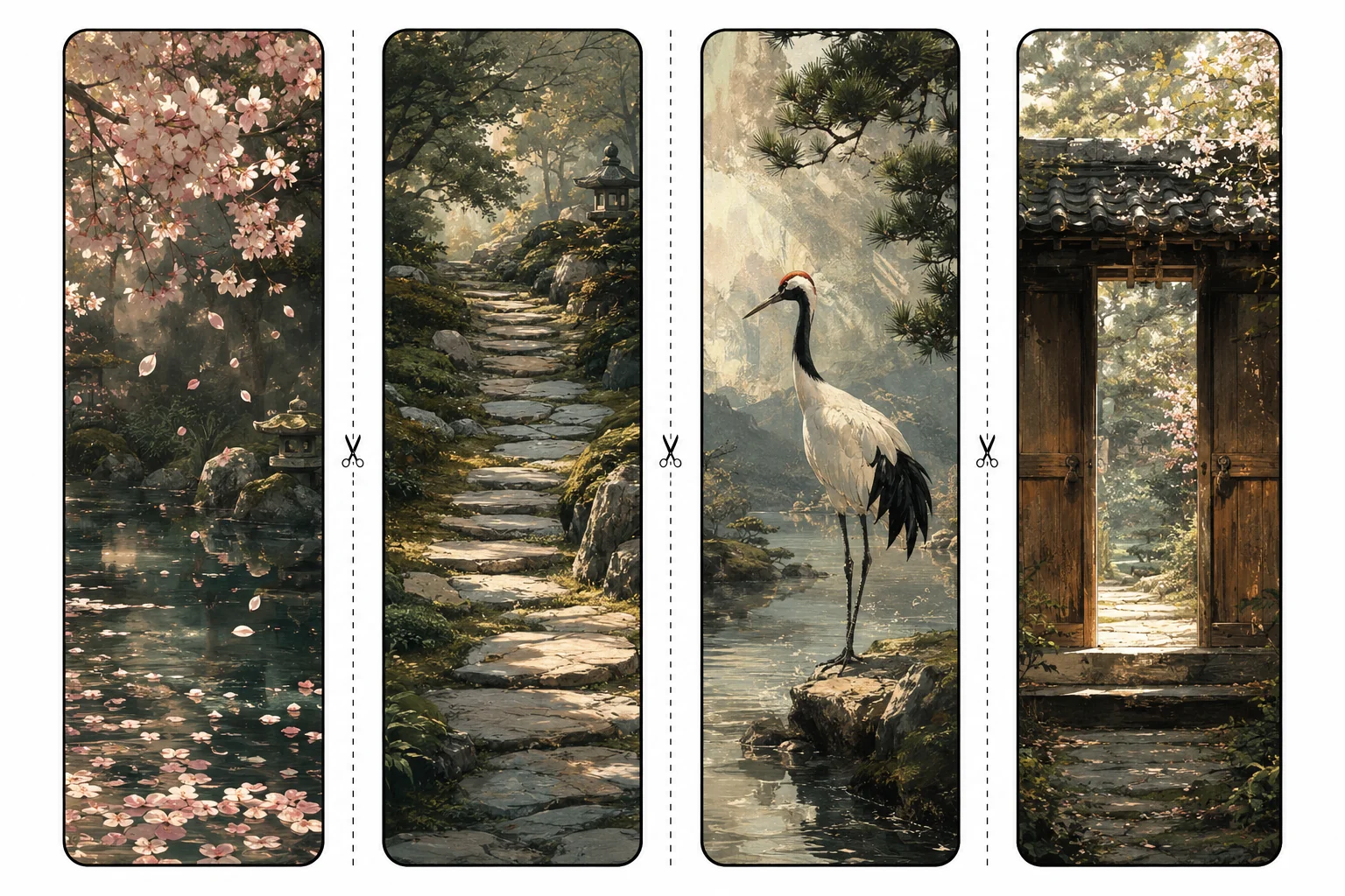 Four printable zen bookmarks with cherry petals on a pond, a mossy stone path, a crane at the water's edge, and a wooden garden gate