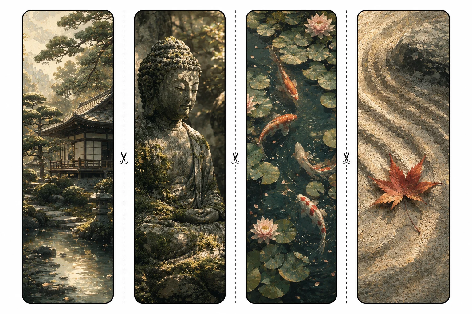 Four printable zen bookmarks with a tea house among pines, a mossy Buddha statue, koi under lily pads, and a maple leaf on raked sand
