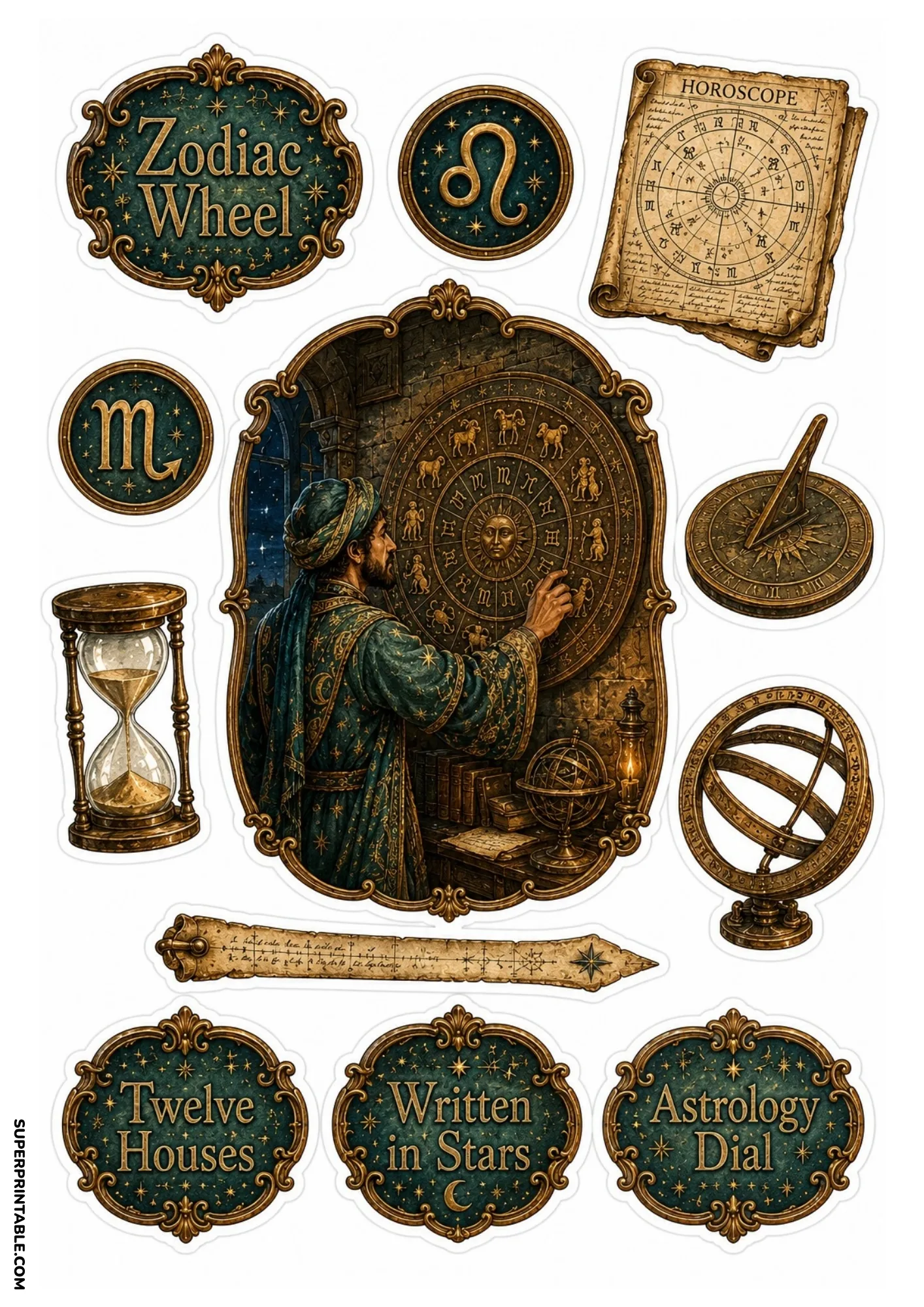 Astrologer pointing to carved zodiac wheel with horoscope scroll, hourglass, and armillary sphere.