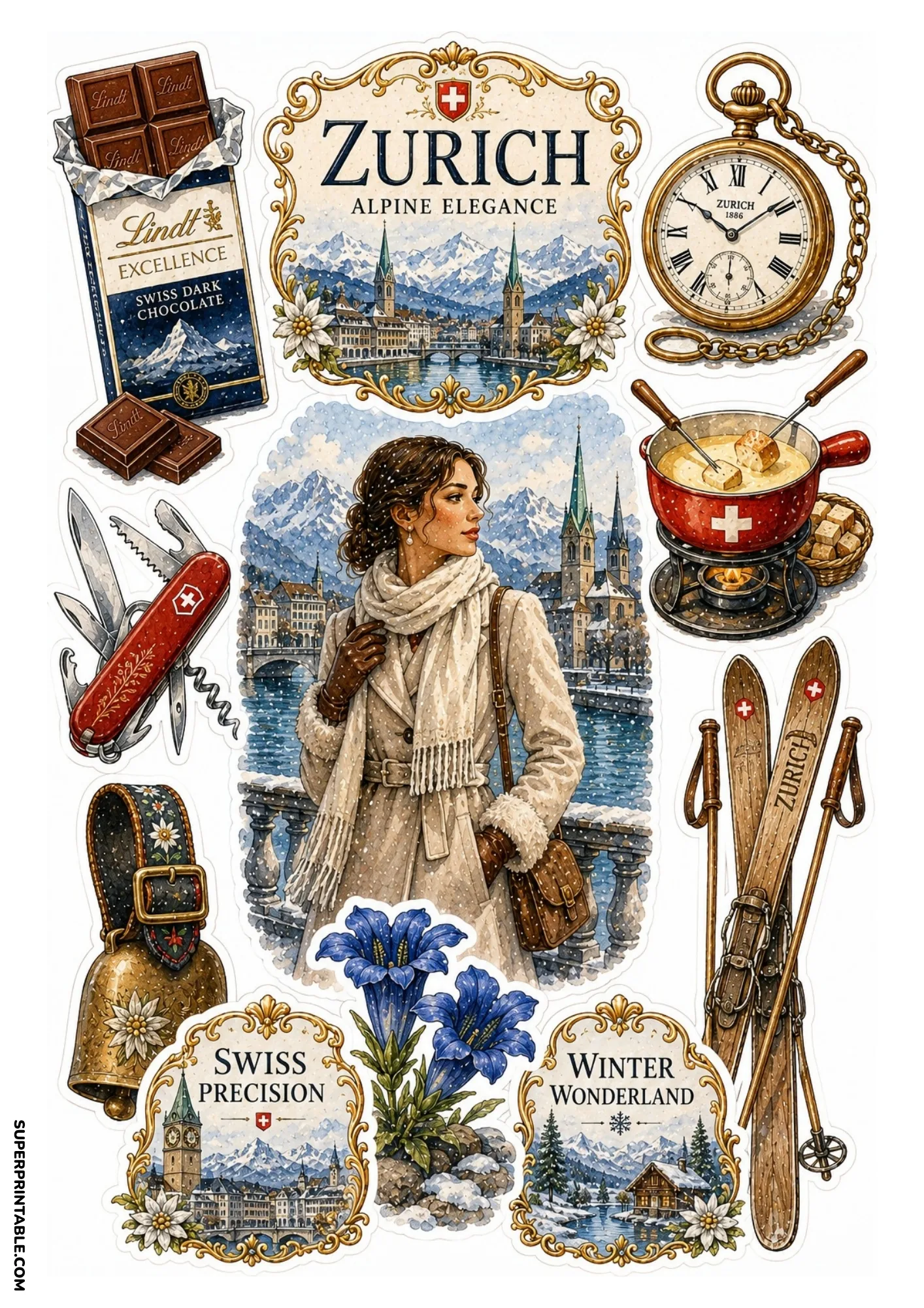Zurich Switzerland sticker sheet featuring Swiss dark chocolate, army knife, and fondue