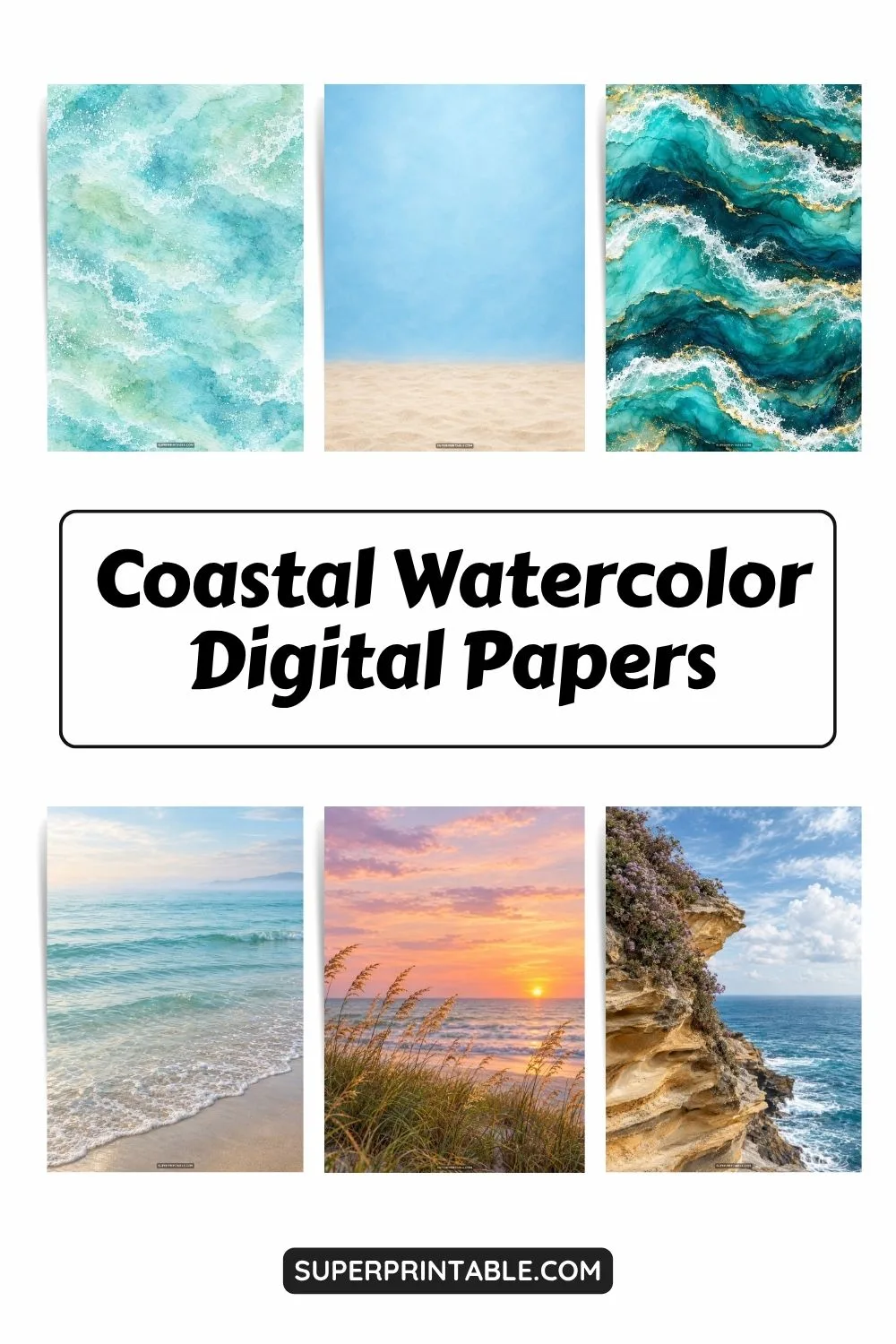 12+ Coastal Watercolor Digital Papers Pinterest Image