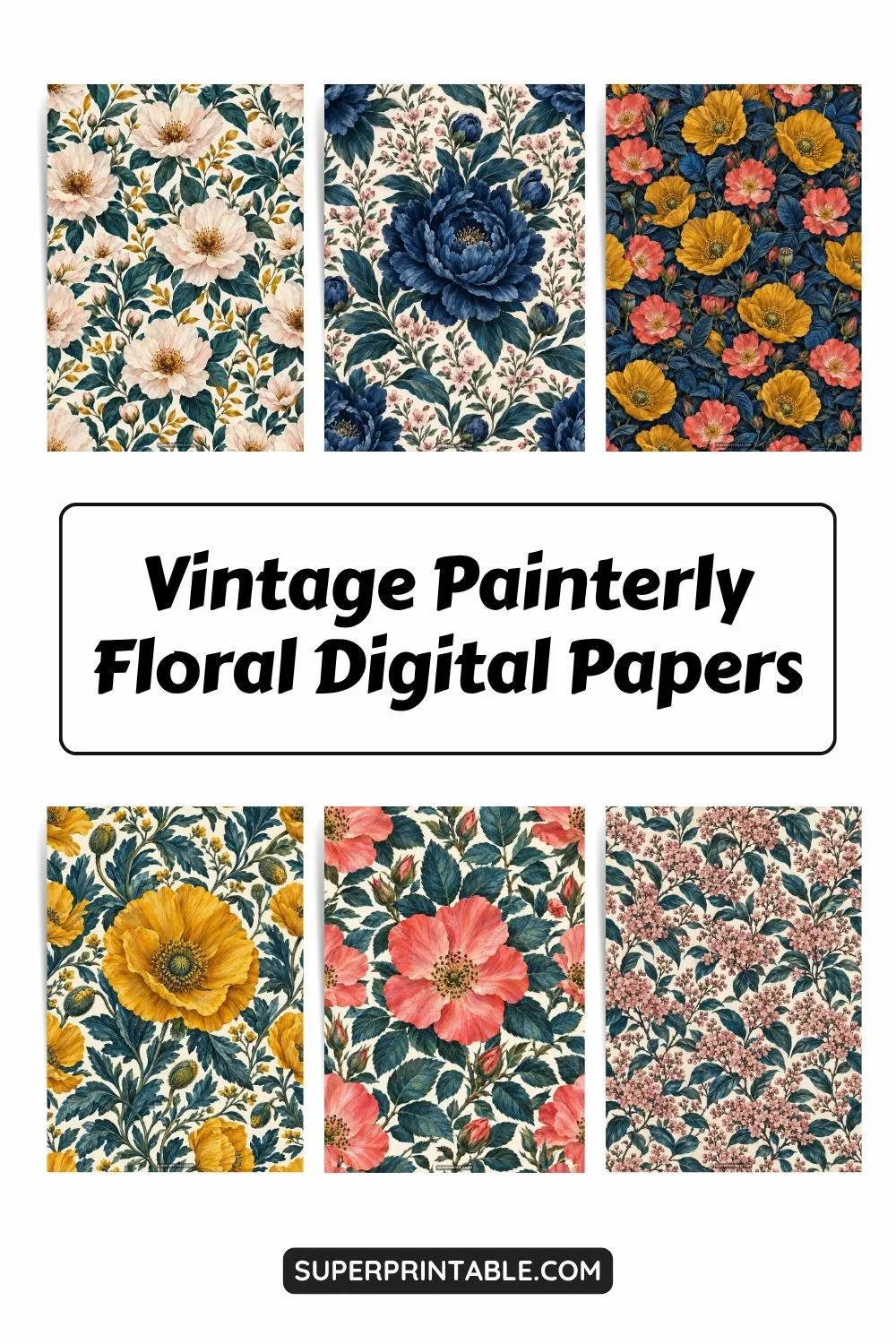 12+ Vintage Painterly Floral Digital Papers Pinterest Image